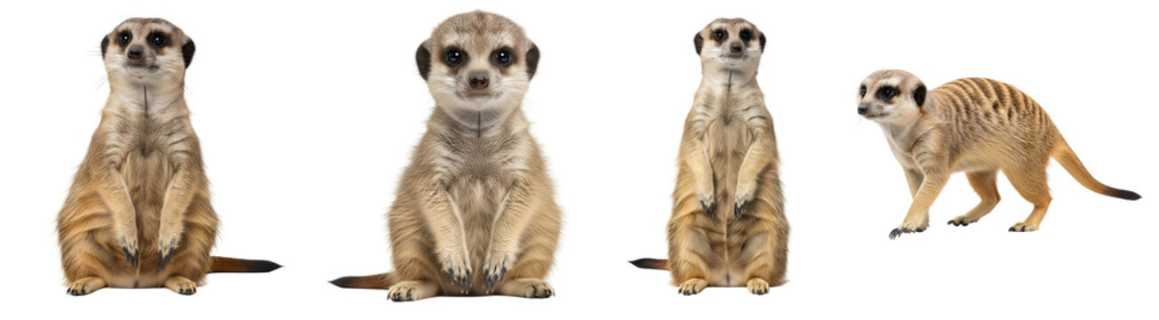 Four meerkats in various poses against a plain setting, three standing and one walking to the right on transparent background