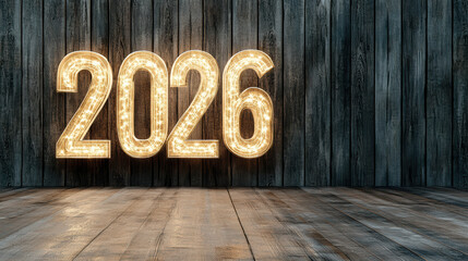 2026 lighted marquee numbers glowing warm on wooden wall reflecting festive anticipation