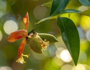 Close-up of fruit and leaves, with blurred bokeh background