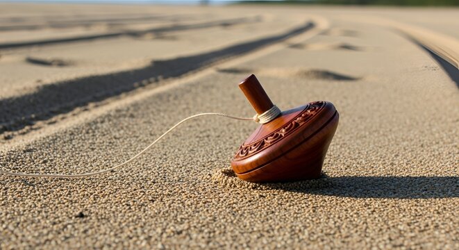 A wooden spinning top with intricate carvings rests on a sandy beach