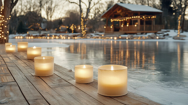 Glowing candle frozen lake wooden dock winter evening cabin lights - Powered by Adobe