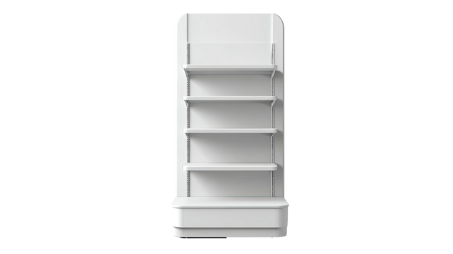 Tall, slim white shelving unit with five evenly spaced shelves