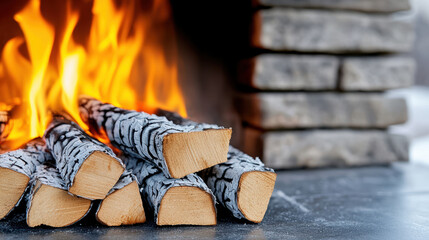 Cozy birch firewood stacked near roaring fireplace, warm glowing ember light