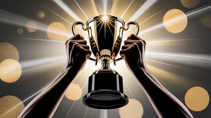 A golden trophy held triumphantly aloft by two hands against bright light