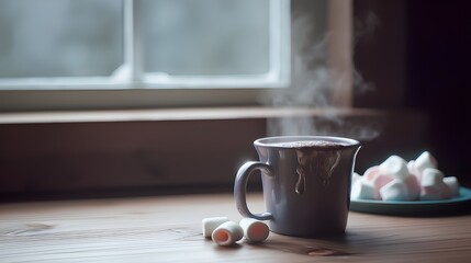 Steaming Hot Cocoa on Warm Wooden Table