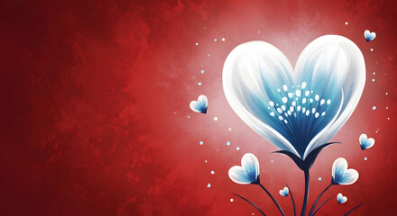 Large blue white heart shaped flower with small heart flowers and red background