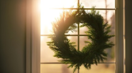 Sunlit Window with Minimal Christmas Wreath