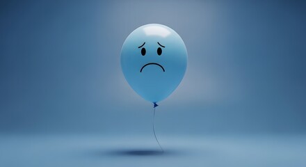 Light blue balloon with sad face floats in studio image