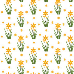 Bright Yellow Daffodil Pattern With Green Grass On White Background For Floral Design
