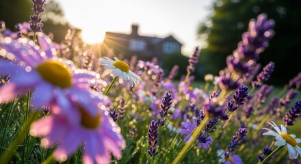 Close-up of vibrant lavender and daisies in a sunlit garden, with a distant house.
