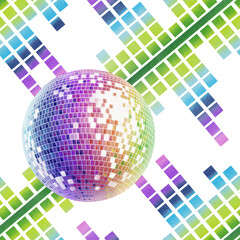 Retro disco ball and music equalizer in rainbow color in the style of 80s and 90s as a disco symbol.Watercolor illustration for flyers,posters,theme party cards