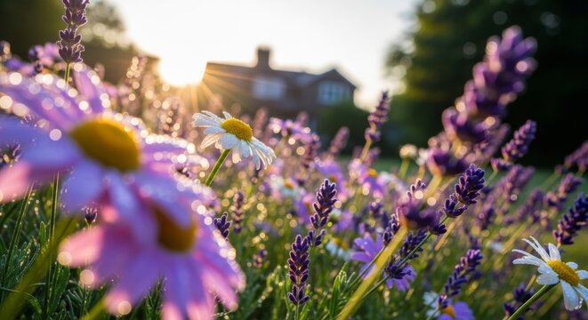Close-up of vibrant lavender and daisies in a sunlit garden, with a distant house. - Powered by Adobe