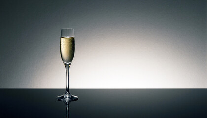 A single champagne flute on a silvery blue background. A subtle hint of light illuminates the glass. Wallpaper, copy space, new year theme.