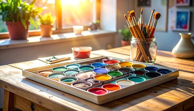 A sunlit art studio table with a watercolor palette and paintbrushes, inviting creativity and a serene atmosphere