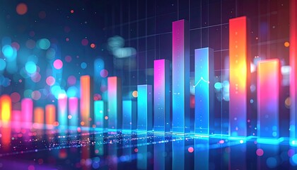 Colorful bar graph ascending, bright, blurred background with bokeh, digital representation of data analysis and statistics