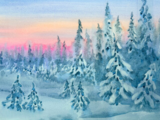 Snowy winter forest landscape painted in watercolor