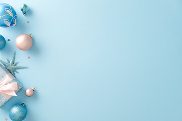 Christmas background with blue and pink ornaments and star decorations. Copy space.