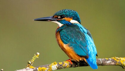 Fototapeta premium Vibrant kingfisher perched on a mossy branch, set against a soft green background