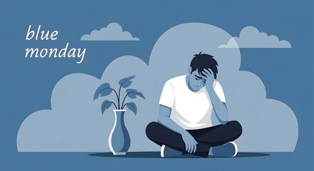 Man sitting with head in hands blue monday concept depressed