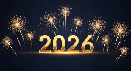 Golden 2026 new year celebration with fireworks display on dark blue background