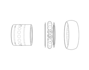 Wireframe Depiction of an exploded ball bearing assembly. This Technical Drawing uses Simple Line Art and Outline Illustration in a Monochrome style, showing precision mechanical components.