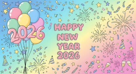 Happy new year 2023 celebration with balloons and fireworks background