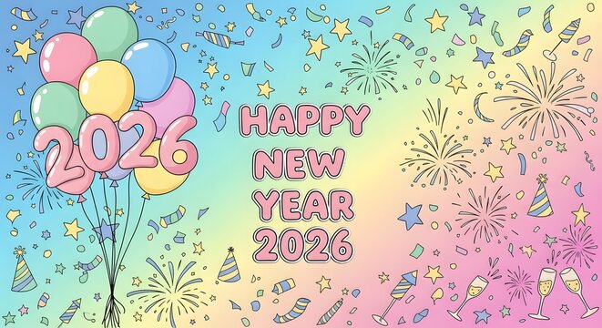 Happy new year 2023 celebration with balloons and fireworks background
