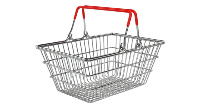 Empty shopping basket with red handle isolated on black background