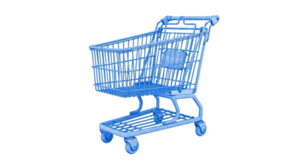 Isolated blue shopping cart on black background for retail or grocery concepts