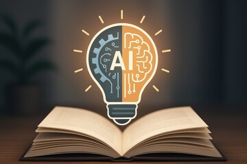 Artificial intelligence innovation concept: digital brain and gears in a lightbulb over an open book, learning and technology symbols.