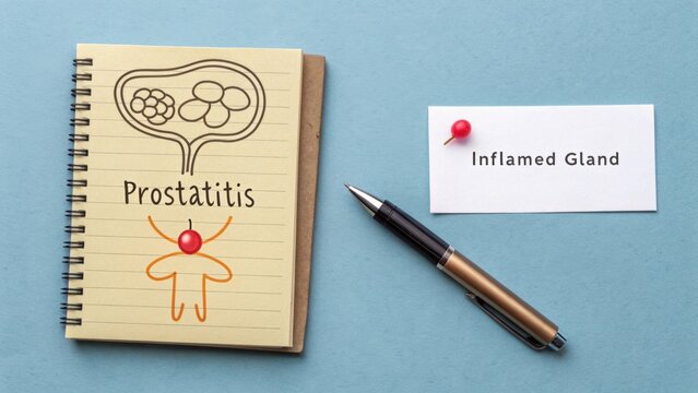 Medical illustration of prostatitis with notepad and pen on blue