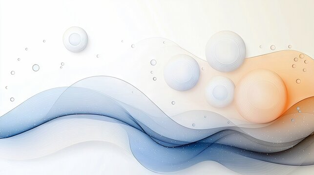 An abstract composition featuring flowing blue and orange waves with suspended spheres and small bubbles against a light background, rendered with soft, diffuse