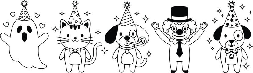 Cute cartoon ghost cat dog and clown characters wearing party hats and celebrating with stars and hearts