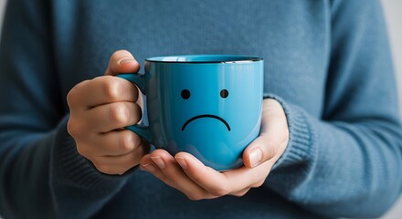 Person holding blue mug with sad face hands