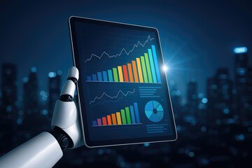 Robot analyzing financial charts on a tablet with city skyline background, business data, analytics, technology