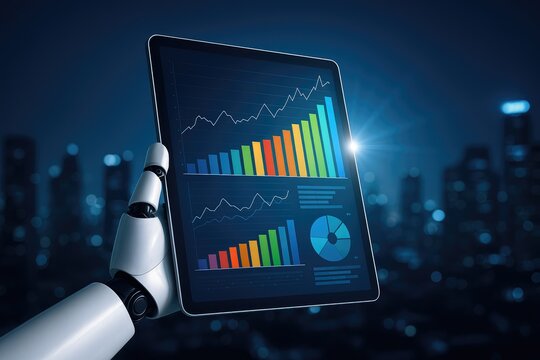 Robot analyzing financial charts on a tablet with city skyline background, business data, analytics, technology - Powered by Adobe