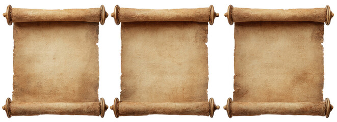 Three old, blank, parchment scroll banners are linked together