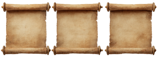 Three old, blank, parchment scroll banners are linked together