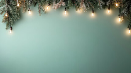 Fir branch garland light bulbs frosted green background warm festive mood