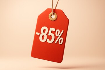A red sale tag with 85% discount, suspended by a string, on a peach background