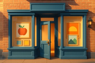 A quaint storefront with blue trim and paintings in the windows, bathed in warm light