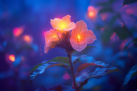 Generative AI illustration of magical forest filled with night blooming flowers like moonflower eveningprimrose and nightphlox glowing in moonlight