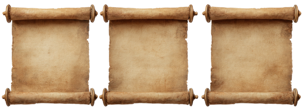 Three old, blank, parchment scroll banners are linked together