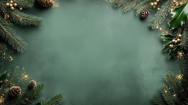 Green holiday background with fir branches, holly leaves and festive sparkle