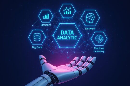 Robotic hand presenting data analytics with machine learning, big data, and network insights