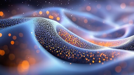 An abstract, digital rendering of flowing, wavy surfaces with a texture of tiny black dots, illuminated by glowing orange and white particles and soft bokeh lig