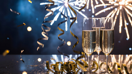 Festive Fireworks with Champagne Glasses New Year Celebration