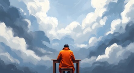 Person in orange coat sitting at desk against dramatic sky table chair