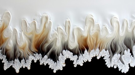 Abstract fluid art with flowing white and brown paint creating organic shapes against a dark background. The texture is smooth and glossy, with a sense of movem