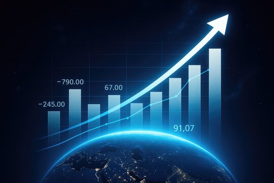 Global economy growth charting upward arrow on planet earth, trading, finance, markets